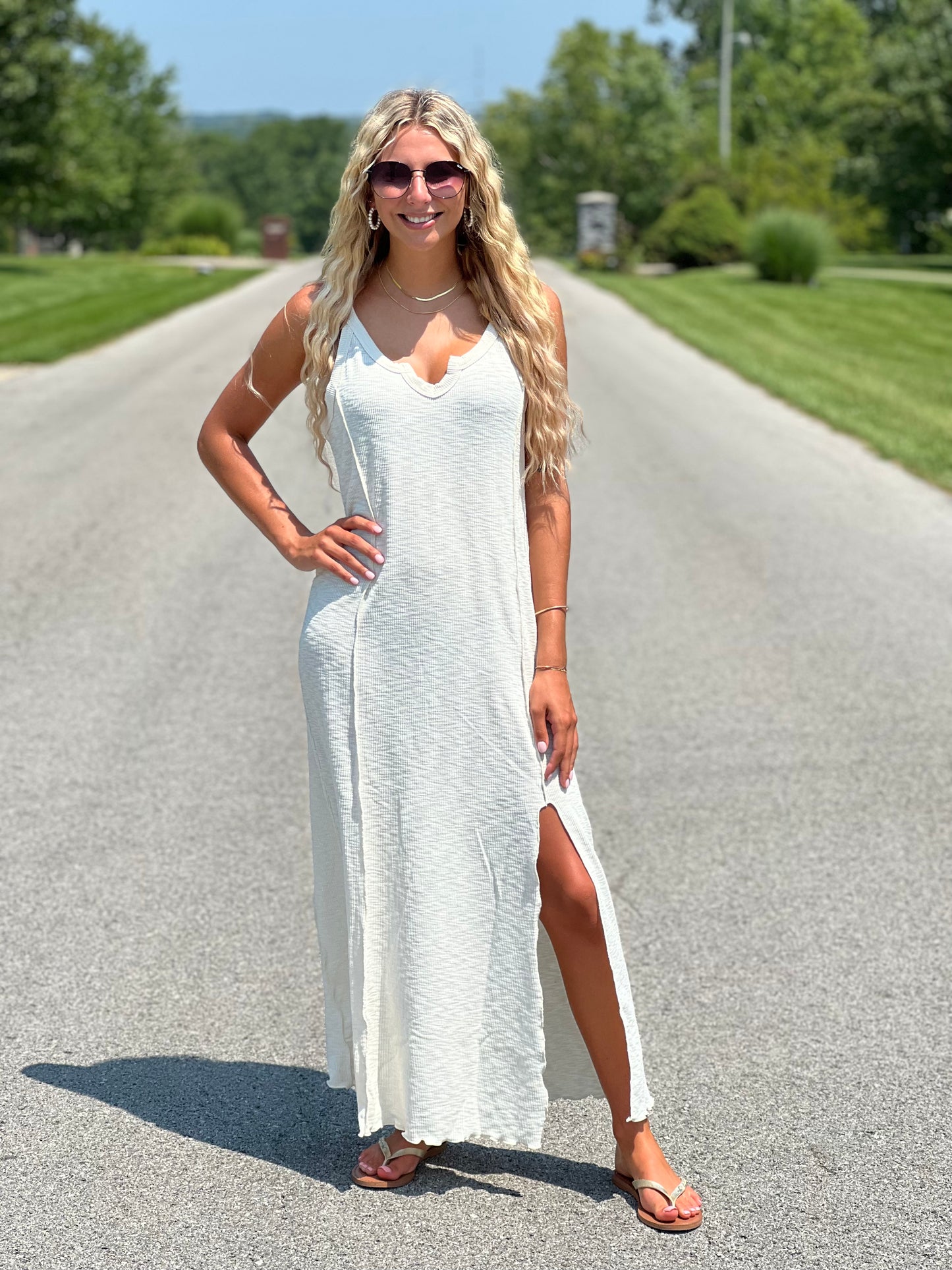 Notched Scoop Neck Maxi Dress in White