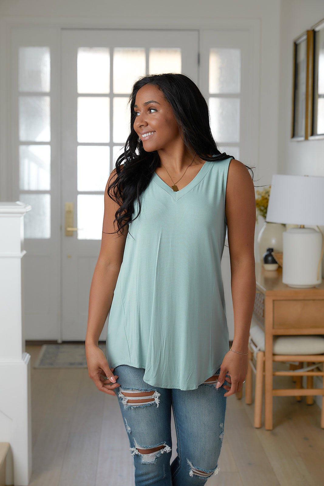 Trust Me V-Neck Tank in Dusty Green