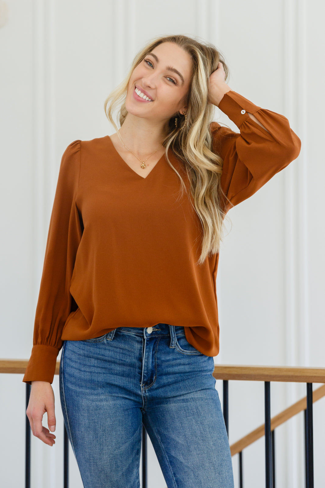 Enjoy This Moment V Neck Blouse In Toffee