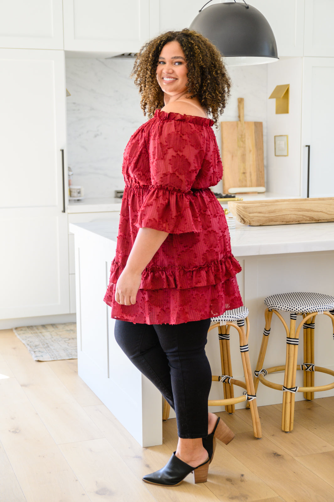 Hello, Goodbye Ruffle Dress In Burgundy