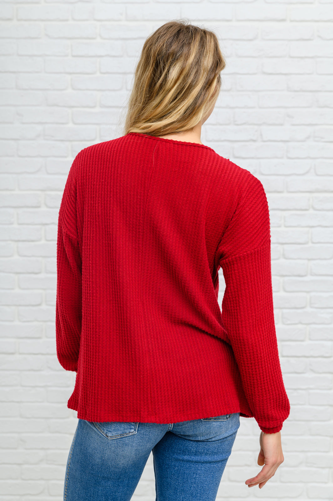 Long Sleeve Waffle Knit Top In Cranberry