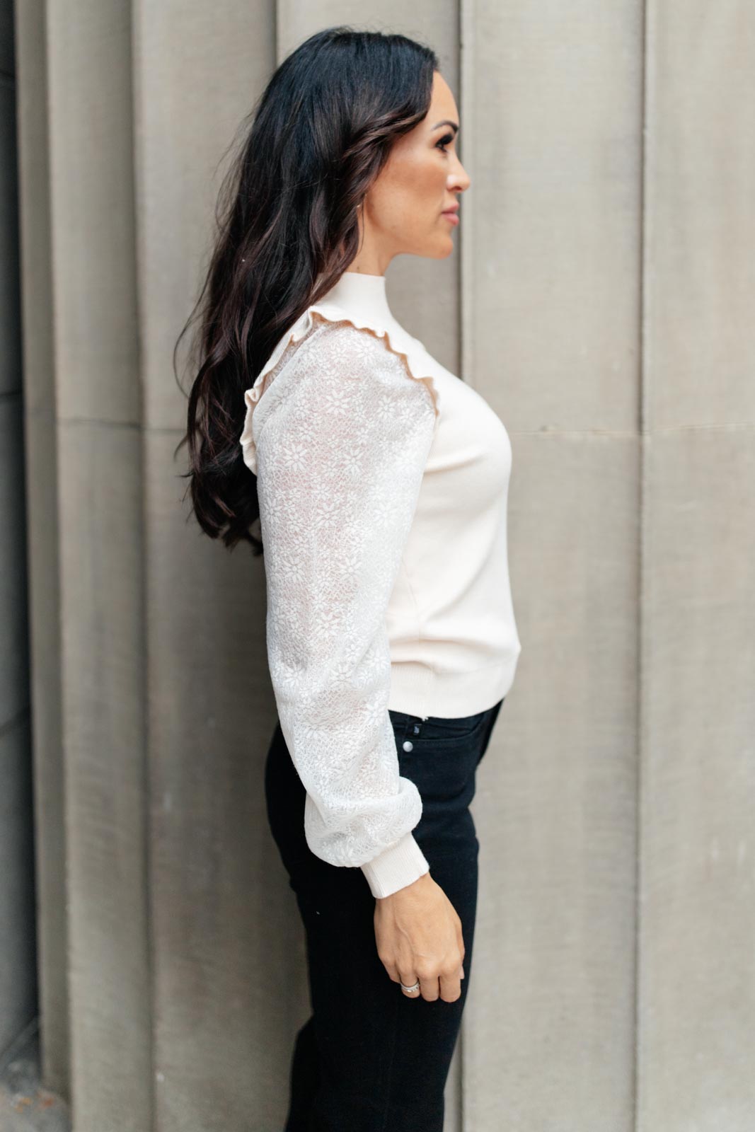 Thrills And Frills Mock Neck Sweater in Ivory